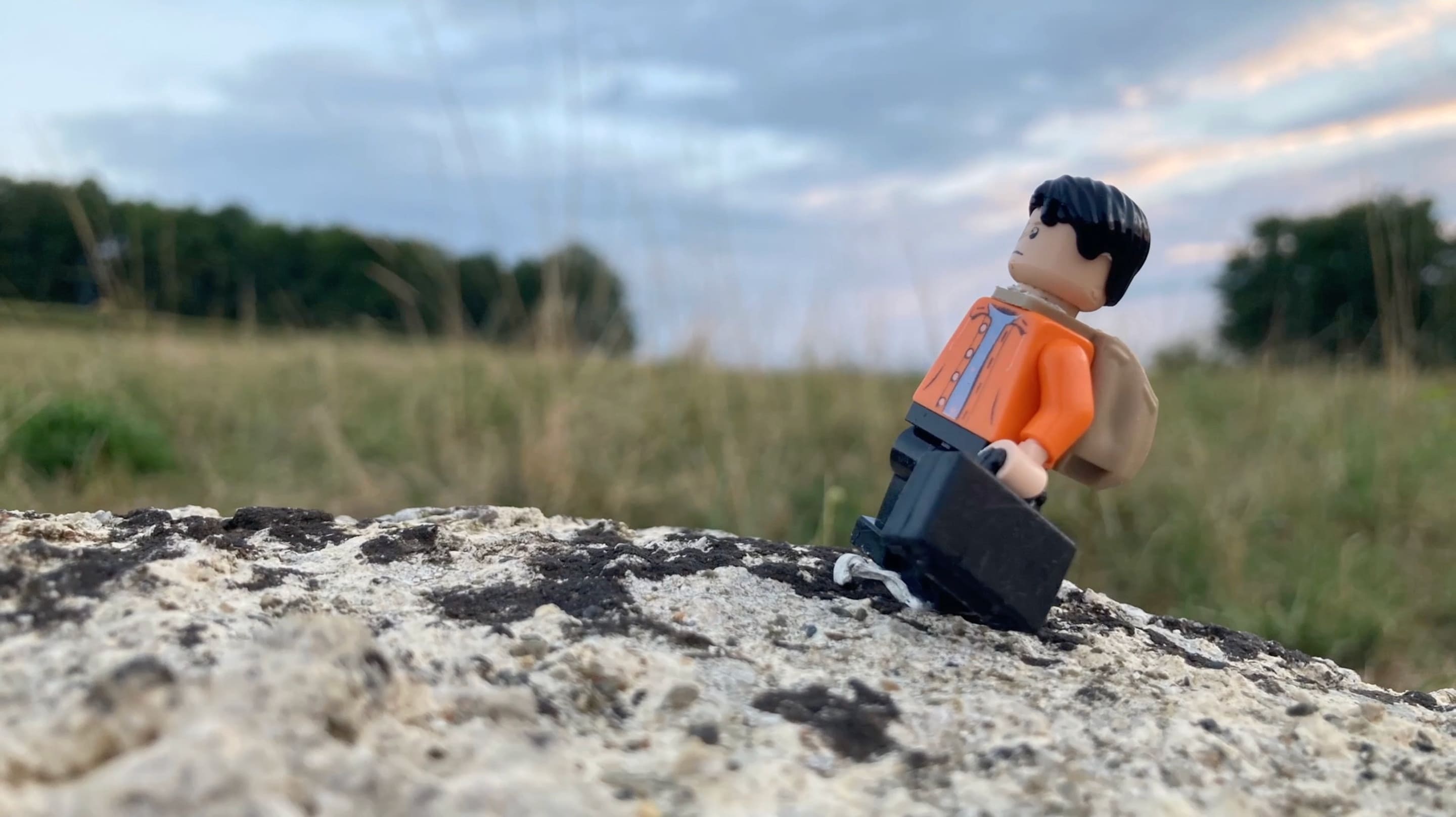 3e photographie de Back to the Moon où une figurine portant un sac et une mallette s'arrête en chemin et regarde vers le ciel. Il marche sur un sol rocailleux et derrière lui se trouve de l'herbe et des arbres.